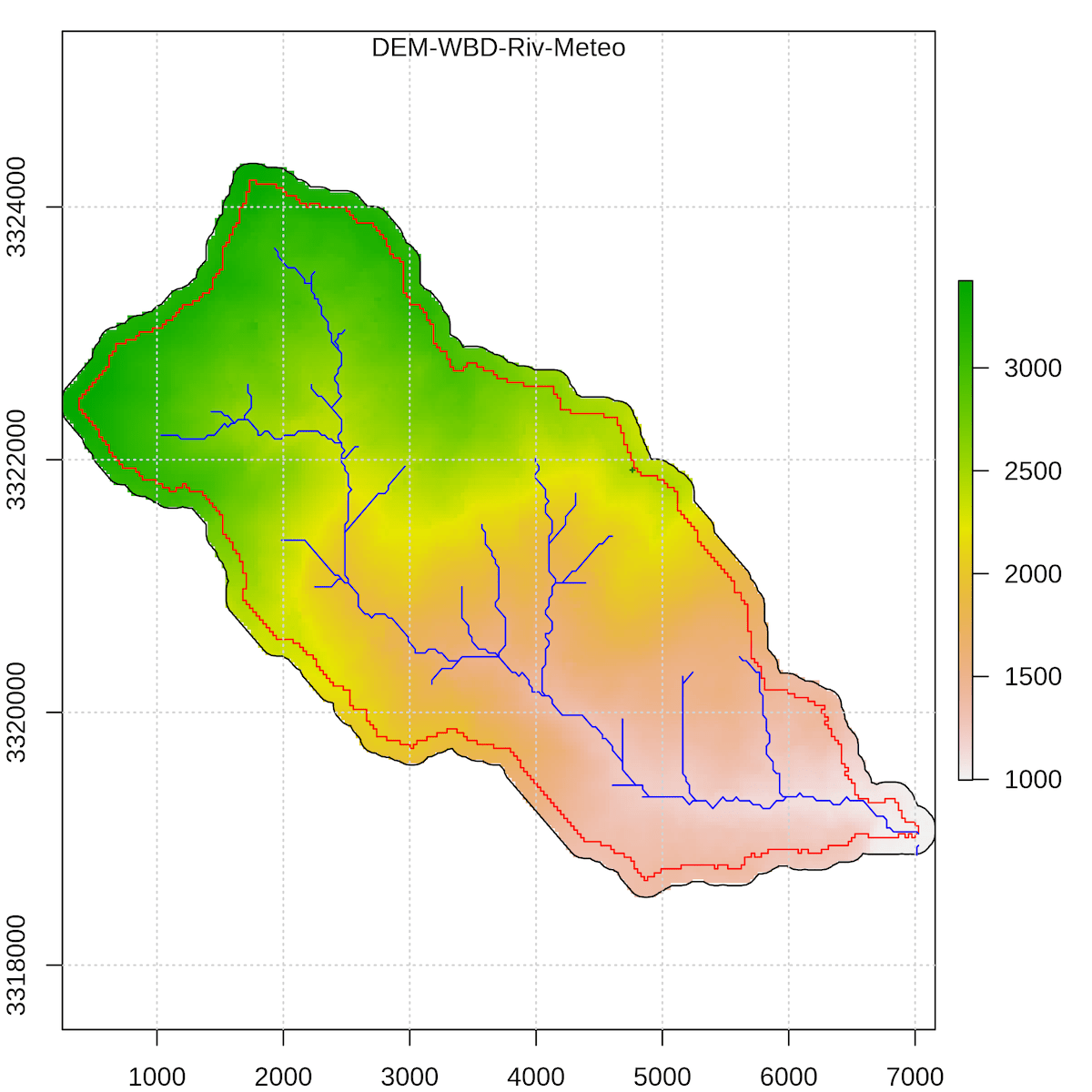 下载结果中的 DEM 与自动提取的河网（蓝线）叠加图（龙漕沟，16 km²）。颜色表示高程，蓝色线为提取的水系。